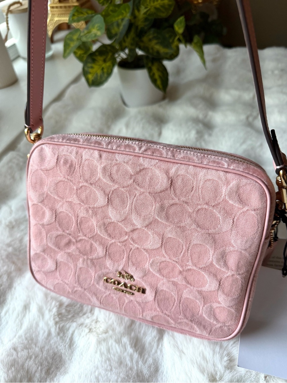 Coach Carey Pink denim Signature Bag with Gold Hardware. NWT